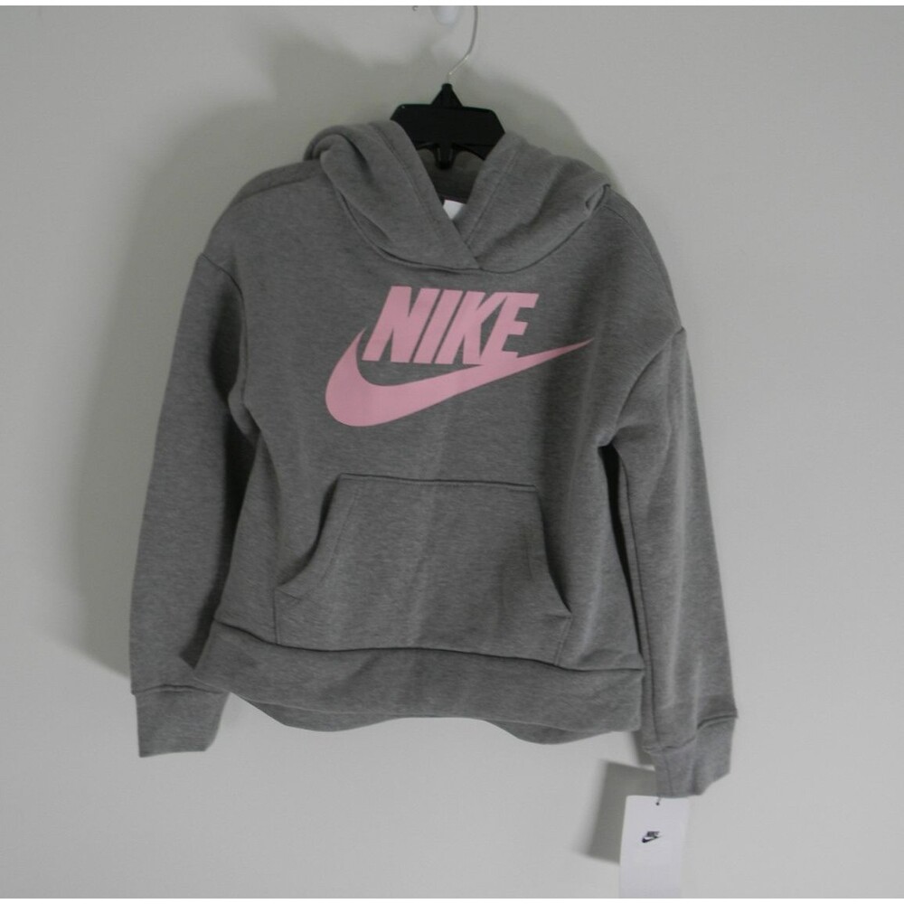 NIke Gray Pink Girls Hoodie in Size 6x (6-7 years) Pull-over Swoosh Pocket NWT